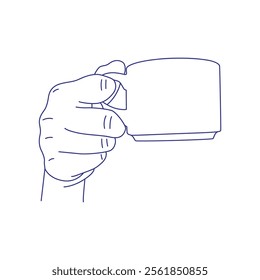 Hand holding a cup. Contour vector illustration. Index, middle, ring, little fingers and thumb