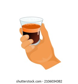 Hand holding a cup of espresso coffee.Yellow crema espresso in a clear glass.Isolated vector illustration on a white background.