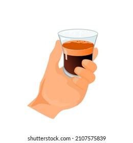 Hand holding a cup of espresso coffee.Yellow crema espresso in a clear glass.Isolated vector illustration on a white background.