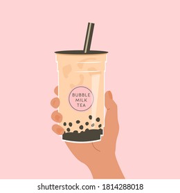 Hand holding a cup of famous Taiwanese bubble tea on pink background. Take away glass with sticker of pearl milk tea. Vector illustration for street asian drinks at night market. Advertisement banner.