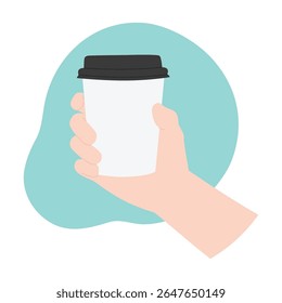 Hand holding cup in flat cartoon style