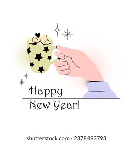 Hand holding cup of hot chocolate and marshmallows. Vector flat illustration isolated on white background. Holiday cartoon poster, card, or banner template.