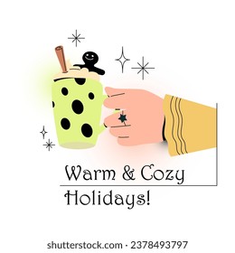 Hand holding cup of hot chocolate and gingerbread man. Vector flat illustration isolated on white background. Holiday cartoon poster, card, or banner template.