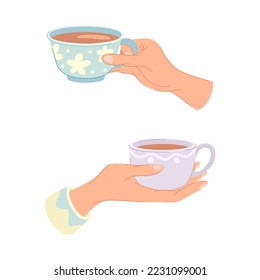 Hand Holding Cup with Hot Coffee Drink Vector Set