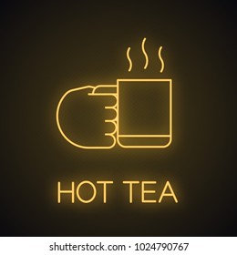 Hand holding cup with hot drink neon light icon. Coffee, tea, cocoa. Cafe glowing sign. Vector isolated illustration