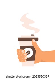 Hand holding cup of hot drink. Coffee time, coffee break concept. Isolated vector illustration flat style