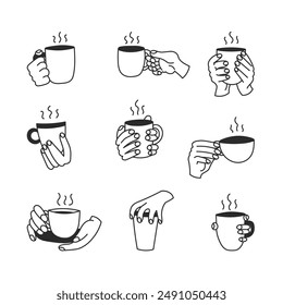 Taza de la mano con la línea caliente del doodle de la bebida. Colección de gestos con café y té. Tazas dibujadas a mano con vapor en estilo de dibujo animado. Ilustración vectorial aislada