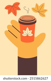 Hand holding a cup of hot drink. Hot chocolate, coffee. Flat vector illustration.