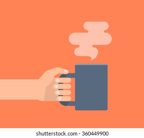 Hand Holding Cup Of Hot Drink. Coffee Time, Coffee Break Concept. Isolated Vector Illustration Flat Style.