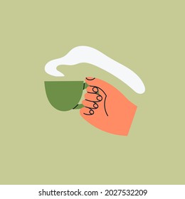 Hand holding a Cup with hot tea or coffee. Hand drawn colored trendy Vector isolated illustration. Cartoon style. Flat design. Print, poster, logo, social media icon template for your own design