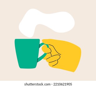 Mano sosteniendo una Copa con té o café caliente. Ilustración vectorial colorida
