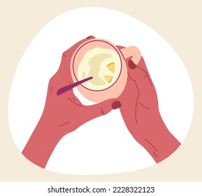 Hand holding cup of hot tea with lemon and ginger. Cartoon hot beverage, tea cup in hand isolated flat vector illustration on white background