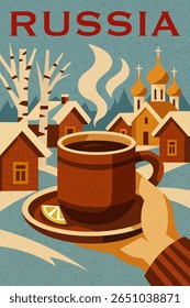 Hand, die eine Tasse heißen Tee mit Zitrone hält. moderne geometrische Getränkebildgebung mit russischem Winterdorf und gemütlicher Landschaft