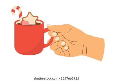 hand holding cup of hot winter, christmas drink; cocoa with marshmallows, gingerbread cookie and candy cane- vector illustration