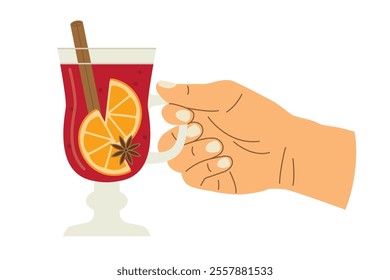 hand holding cup of hot winter, christmas drink; mulled wine with cinnamon roll, orange slices and clove- vector illustration