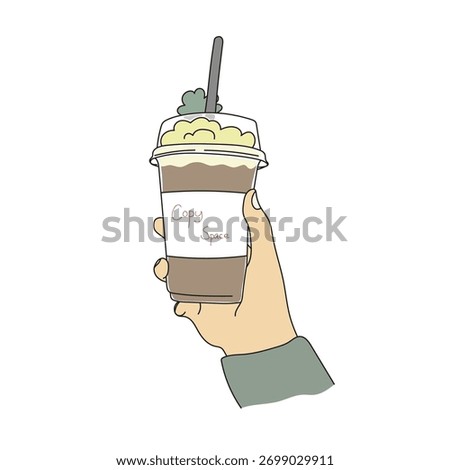 hand holding a cup of iced coffee in plastic cup illustration vector hand drawn with black lines