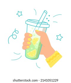 Hand Holding Cup with Lemonade Drink. Fruit Juice. Vector illustration