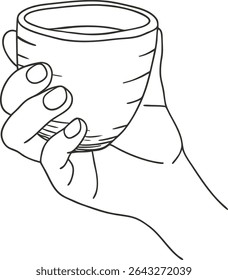 Hand Holding Cup Line Art Illustration – Minimalist Black and White Sketch of Human Hand with Mug – Clean Outline Design for Coffee, Tea, Beverage, Café, and Relaxation Concepts