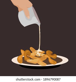 Hand holding a cup of milk poured onto the patongo.Vector illustration isolated on gray background.