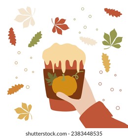 Hand holding cup of Pumpkin spice latte, Coffee. Paper cup icon, Vector illustration of autumn Hot drink. Coffee To go with lid, October mood. Isolated colored clipart on white with Fall leaves