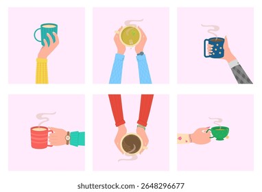 Hand holding cup. Recyclable paper or plastic container for hot drinks like coffee or protein shake. Vector icon for breakfast takeaway, cafe beverage or nutrition supplement in handy portable style.

