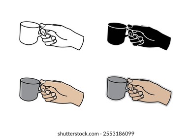 Hand holding a cup seen from behind in outline, silhouette, cartoon and sticker style.Vector