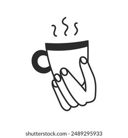 Hand holding Cup with Steam Doodle Line icon. Hot drink symbol. Coffee or tea sketch. Isolated vector illustration.
