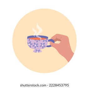 Hand holding cup. Sticker for social networks and instant messengers. Aesthetics and elegance. Character holding mug with mochachino or cappuccino, coffee or tea. Cartoon flat vector illustration