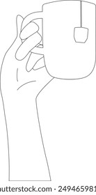 A hand holding a cup with a tea bag tag hanging from the outer wall of the cup. Outline vector illustration in black color