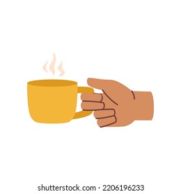 Hand holding cup of tea or coffee in mug, hot beverage with steam. Cafeteria or cafe, restaurant morning breakfast or break refreshment. Flat cartoon, vector in flat style