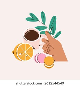 Hand holding a cup of tea or coffee. Lemon, macaroons. Vector illustration.