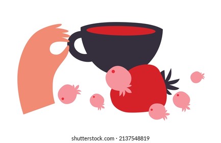 Hand holding cup with tea. Hot drink, summer Fruit. Flat cartoon vector illustration. Fruit lover concept. Isolated.