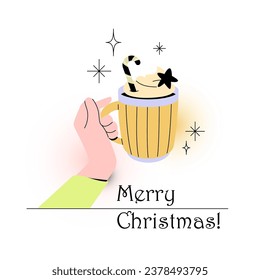 Hand holding cup of warm Christmas drink and candy cane. Vector flat illustration isolated on white background. Holiday cartoon poster, card, or banner template.