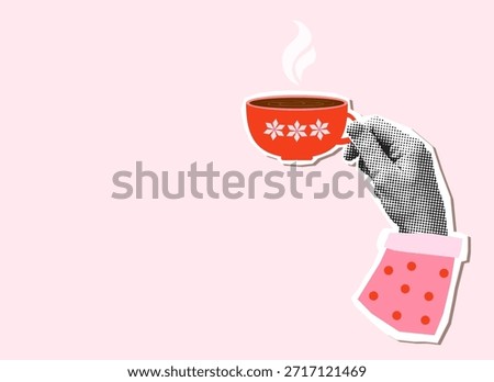 Hand holding a cup of warm coffee with steam on pink background, Fun vector halftone collage for coffee shop advertisements 