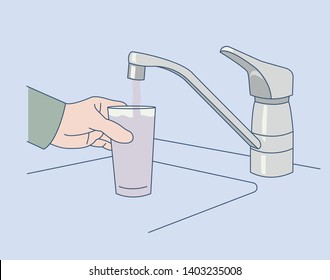 A hand holding a cup of water from a sink faucet. hand drawn style vector design illustrations. 