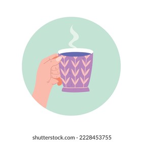 Hand holding cup. Woman with hot drink, coffee or tea. Advertisement poster or banner for cafe or restaurant website. Comfort and coziness in cold weather concept. Cartoon flat vector illustration