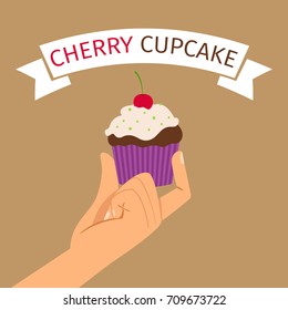 Hand holding cupcake with cherry, cute vector illustration