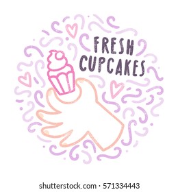 Hand holding cupcake and doodles. Vector illustration. 