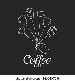 Hand holding cups of hot drink like air balloons in outline. Concept for coffee shop, house or menu.