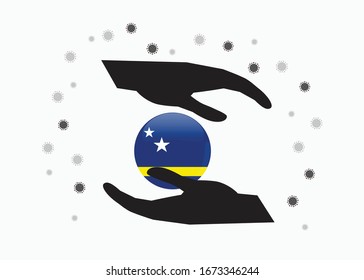 Hand holding curacao flag in cycle symbol, Protect  Curaçaoan people from coronavirus or COVID-19 concept, Save curacao, sign symbol background, vector illustration. 