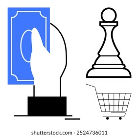 Hand holding currency, chess piece, shopping cart on white background. Ideal for financial planning, strategic thinking, investment decisions, shopping habits, consumer behavior. Simple modern style