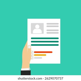 A hand holding a Curriculum Vitae (CV) or resume.