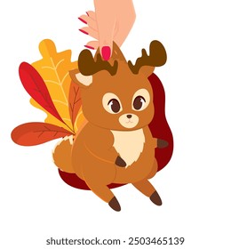Hand holding cute autumn deer with leaves, Vector