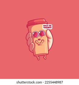 Hand holding a cute coffee cup character vector illustration. Drink, inspiration, funny design concept.