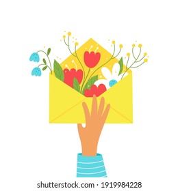 Hand holding cute open envelope with flowers. Hand drawn colorful vector illustration. 
