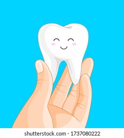 Hand holding cute tooth character. Human body part. Health protection concept. Vector illustration isolated on white background.