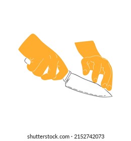 Hand Holding Cuts Kitchen Knife Outline And Flat Vector Illustration. Line Style, Sketch, Symbol, Icon On A White Isolated Background