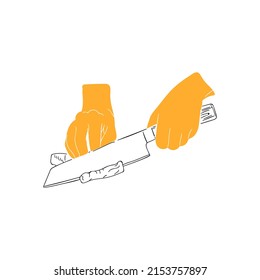 Hand Holding Cuts Kitchen Knife Outline And Flat Vector Illustration. Line Style, Sketch, Symbol, Icon On A White Isolated Background