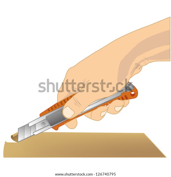 hand holding a\
cutter and cutting paper\
vector