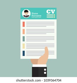 Hand holding CV application paper sheet. Flat style vector Illustration